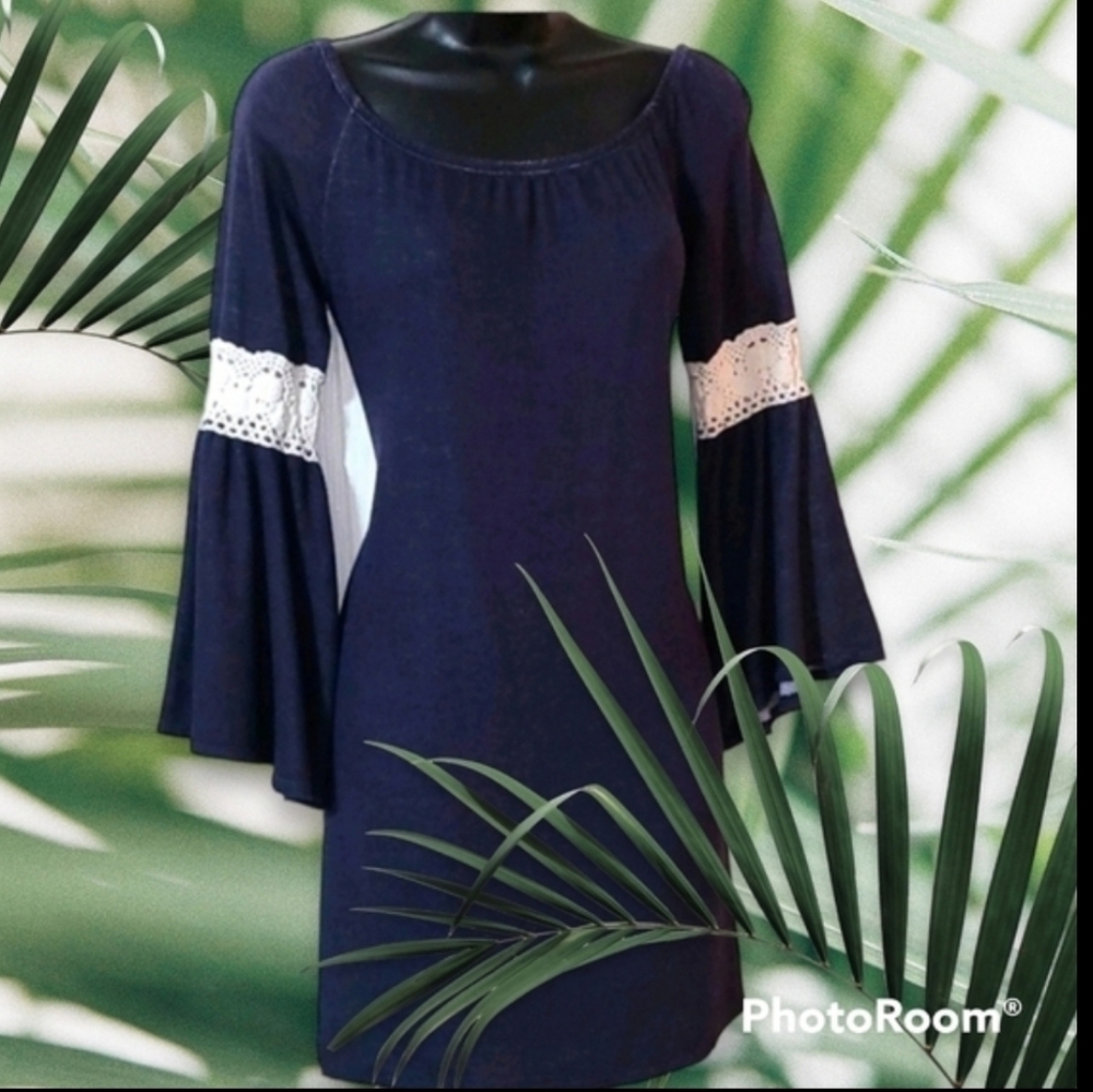 Dice Navy Crochet-Trim Bell Sleeve Mini Dress - Picture 7 of 9